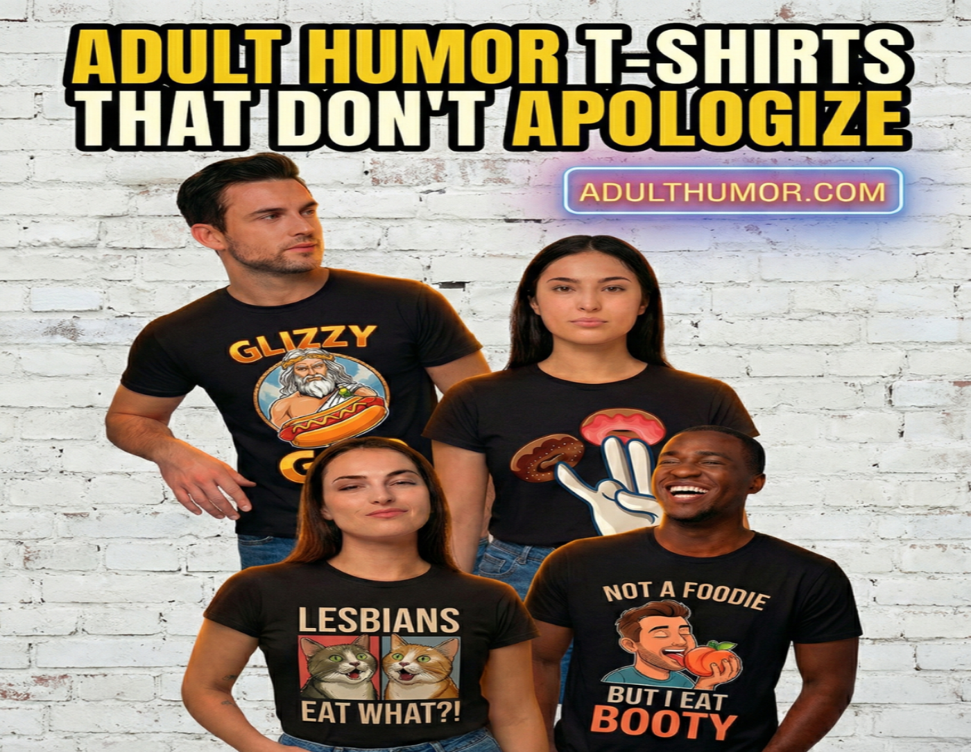 Four people wearing black t-shirts with humorous designs against a white brick wall background.